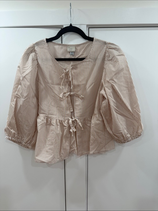 Tops - Striped Tie-Front Peplum Blouse - Cream/Brown